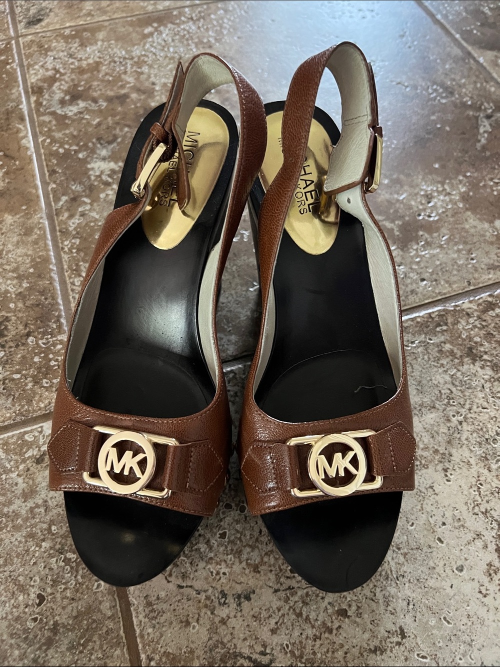 Michael Kors Brown and Cream Leather Platform Wedge Sandals with Gold MK Accent - Picture 2 of 6